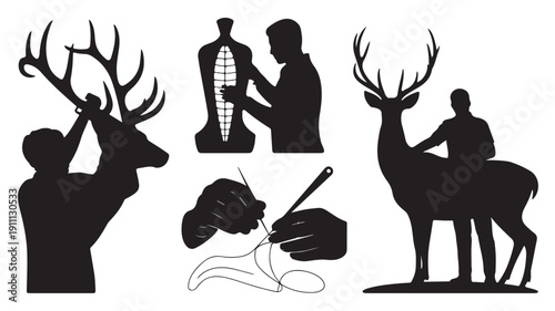 Taxidermy deer mounting in dark silhouette style with dramatic lighting on white background for hunting decor