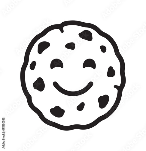 Cute chocolate chip cookie character with a happy smiling face in a simple black and white line art style, representing a friendly and cheerful snack or dessert emblem