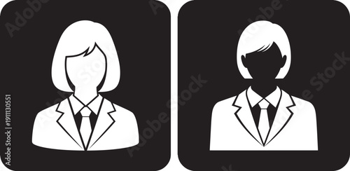 Business Person Icons for Male and Female in Black and White Suits, Corporate User Avatars