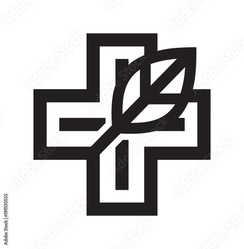 Black medical cross and leaf icon representing natural medicine, herbal remedies, and holistic healthcare in a clean, minimalist graphic style for wellness concepts