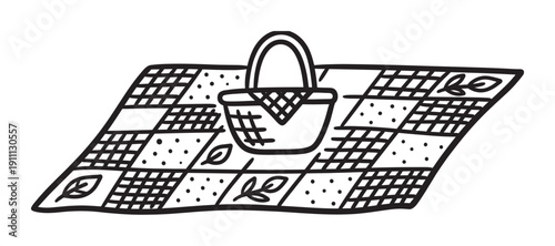 Hand-drawn picnic basket and blanket illustration features a simple patchwork quilt design with checkered and polka dot patterns and scattered leaves in a minimalist graphic style