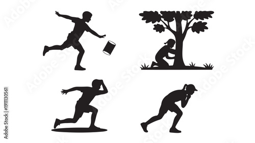 Running people silhouettes in dynamic poses with briefcases in black minimalist style for business