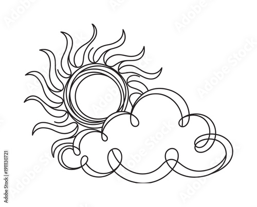 Stylized sun and cloud illustration drawn with a single continuous black line, showing a celestial body with swirling rays partially hidden by a simple, elegant cloud formation