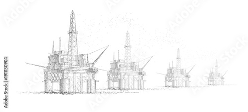 Hand drawn offshore oil rigs isolated on plain background. Petroleum industry, drilling platform, energy production, industrial engineering, exploration concept. Sketch illustration.