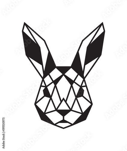 Black geometric rabbit head illustration with a modern polygonal design, featuring sharp lines and triangular facets creating a stylized and symmetrical animal portrait for a logo