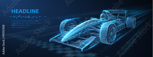 Futuristic racing car with glowing wireframe design on blue background. Motorsport technology, speed, engineering, digital vehicle model, innovation transport concept. Vector illustration.