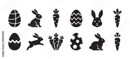 Set of black Easter holiday icons featuring decorated eggs, cute bunnies in various poses, and carrots in a simple minimalist glyph style for seasonal design