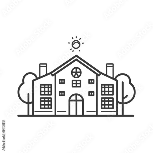 A black and white illustration of a house on a sunny day