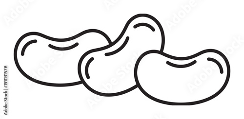 Three black and white line art beans are depicted in a minimalist icon style, showing a simple and clean illustration of healthy legumes for food concepts