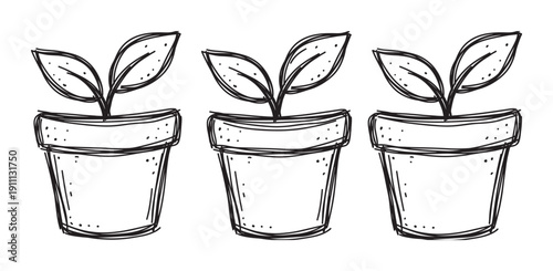 Three cute potted seedlings with two leaves each, depicted in a simple black ink line art drawing with a sketchy, hand-drawn aesthetic perfect for eco or nature concepts