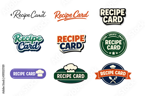 Collection of colorful recipe card logos with various designs and styles