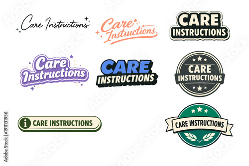Care instructions label designs: vintage and modern typography styles