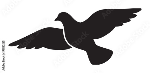 Black silhouette of a flying dove with its wings spread wide in a graceful pose, representing peace, freedom, and hope in a minimalist graphic illustration style