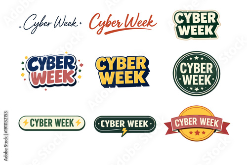 Colorful cyber week logos collection with modern and vintage styles