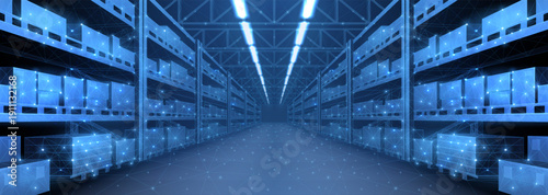 Modern warehouse interior. Automatic stock storage, ecommerce distribution center, smart inventory logistics system, AI cargo management, commercial storehouse background