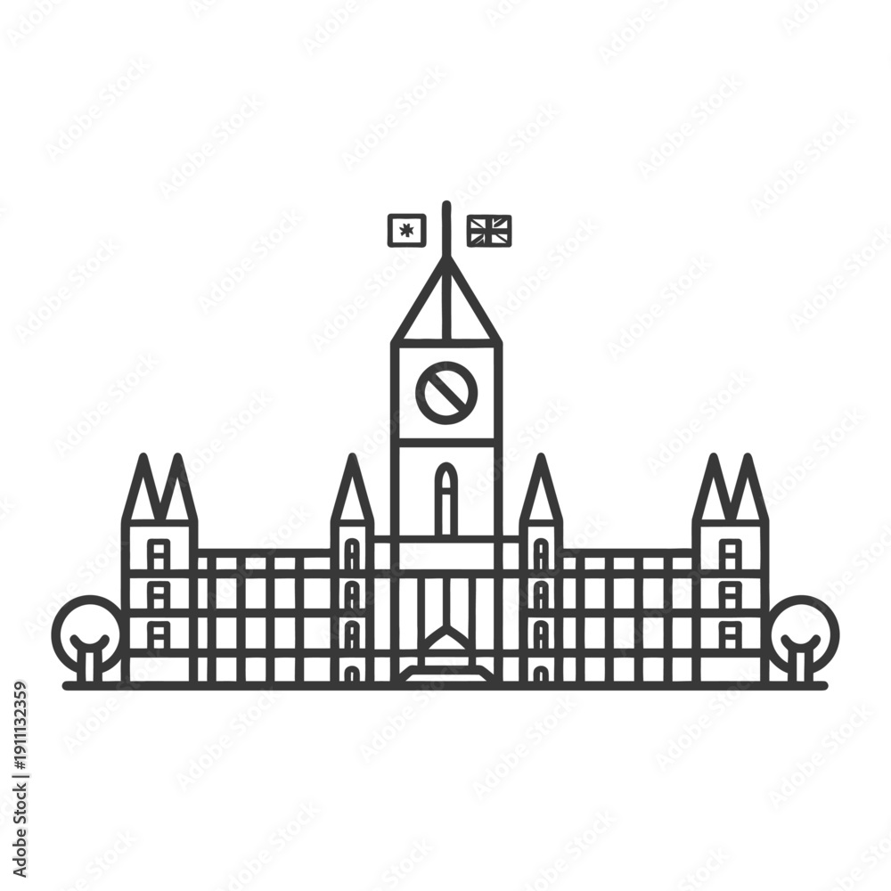 Fototapeta premium A simple line drawing representing a tall governmental building with flags