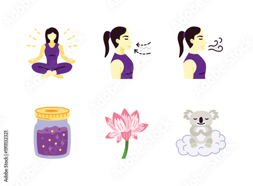 Simple Set of Mindfulness Related Colorful Illustration. Contains Icons as Meditation Pose, Breathing Exercise, Glitter Jar, Lotus Flower, Koala Sitting on Cloud.
