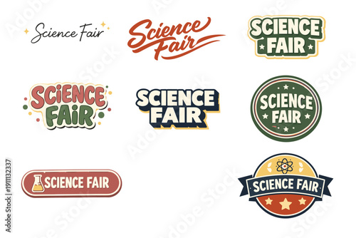Set of creative science fair logos in various styles and colors