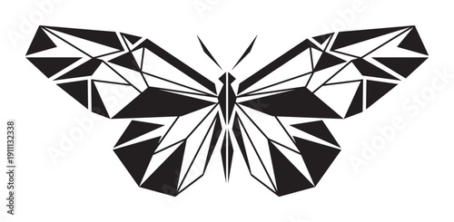 Black and white geometric butterfly illustration with polygonal wings in a modern, abstract style, featuring a symmetrical design composed of sharp triangles and angular shapes