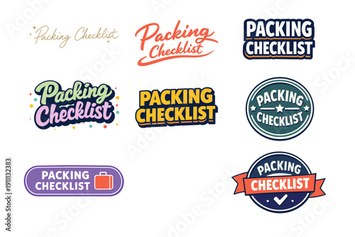 Colorful packing checklist badges and logos for travel planning