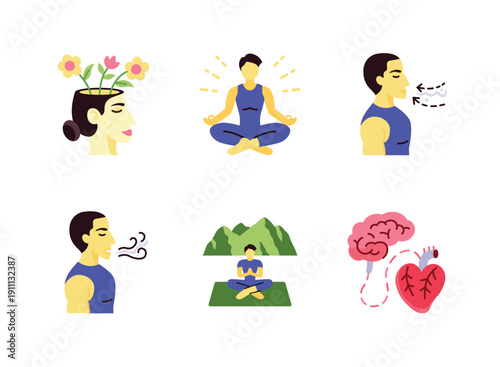 Colorful flat illustration icons of blooming mind, meditation poses, breathing exercises, mountain meditation, and heart mind connection.