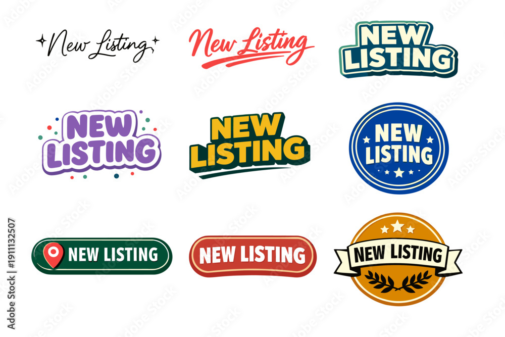 Naklejka premium Colorful new listing labels in various fonts and designs