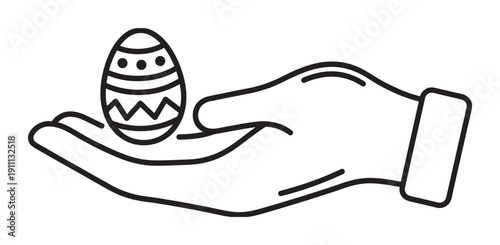 Decorated Easter egg with stripes and dots is held gently in an open human hand in a simple black and white line art illustration for the spring holiday celebration