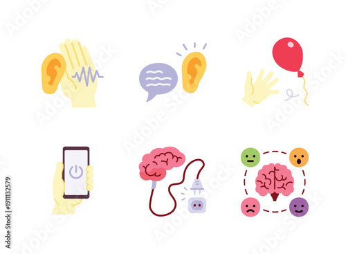 Clean and soft-style illustrations showing active listening, mindful communication, releasing emotions, digital detox, and emotional awareness.