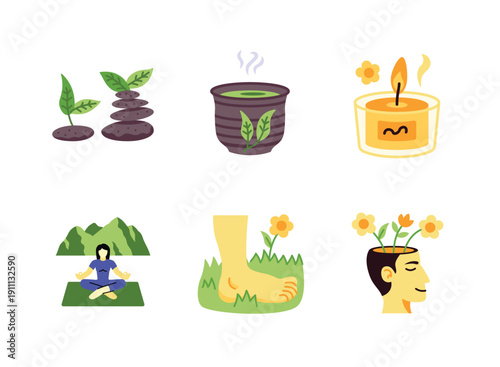 Simple Set of Mindfulness Related Colorful Icons. Contains Icons as Zen Stones, Scented Candle, Mountain Meditation, Bare Feet on Grass, Blooming Mind.