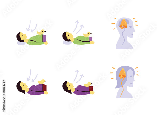 Illustrated breathing exercises and awareness bell symbols suitable for wellness education, emotional balance materials, and mindfulness visuals.