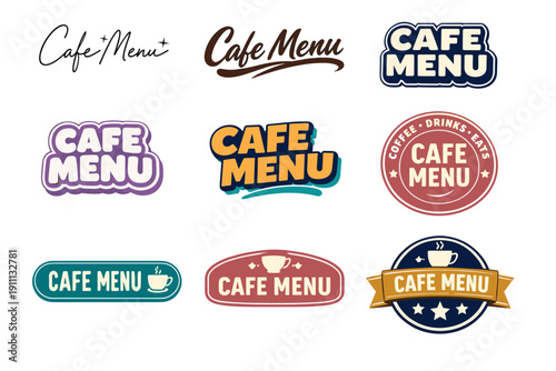 Variety of cafe menu logos with different fonts and designs