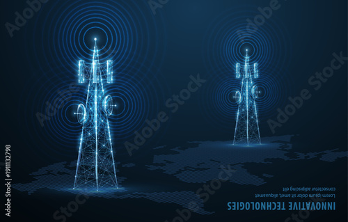 Digital telecommunication network. Wireless signal towers, AI connectivity system, modern 5G infrastructure, smart data transmission technology, innovation in global communication