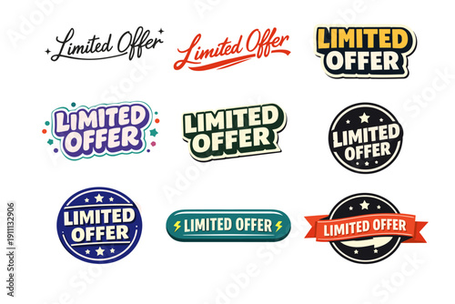 Collection of colorful limited offer badges and designs with bold typography