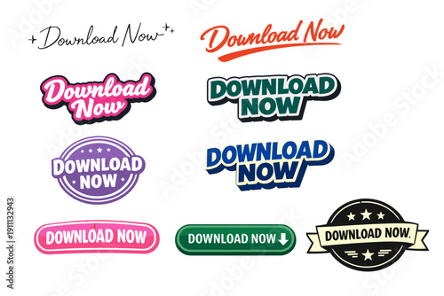 Download now buttons set in various styles and colors