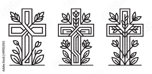Three decorative Christian cross symbols with growing vines, leaves, and flowers, illustrated in a modern black outline style representing faith, life, and resurrection
