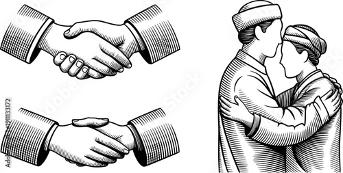 Handshake embrace illustration, traditional greeting sketch, Islamic cultural connection artwork, friendship respect line art, human interaction engraving style drawing
