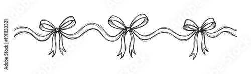 Three hand-drawn black ribbon bows connected in a wavy line, a beautiful vintage-style sketch illustration for decoration, celebration, or gift wrapping concepts in a minimalist style