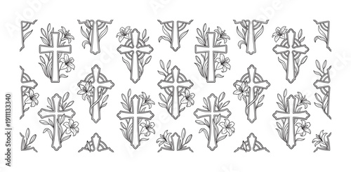 Collection of hand-drawn Christian crosses decorated with elegant lily flowers and leaves, presented as a black and white outline illustration for religious and spiritual themes