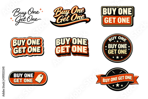 Buy one get one promotional badges collection with bold typography