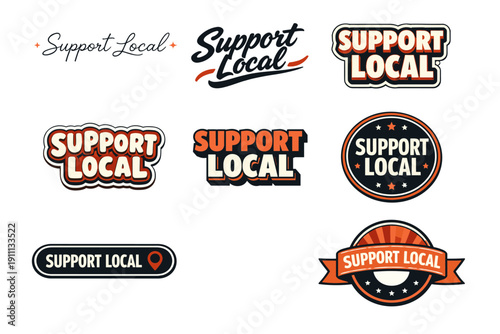 Support local business stickers design set with various styles and colors
