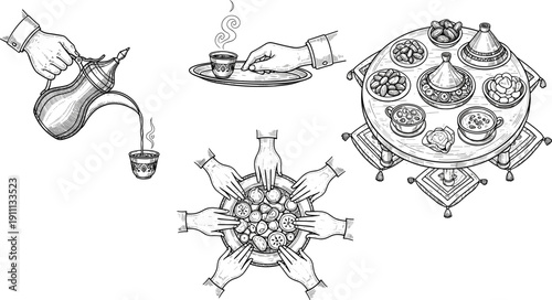 Arabic hospitality dining illustration, traditional tea coffee serving sketch, communal meal sharing artwork, Ramadan Eid cultural heritage design, Islamic festive celebration vector