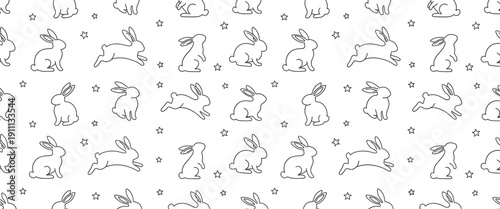 Seamless black and white line art pattern of cute rabbits and stars in various poses, creating a minimalist and playful repeating design for textiles or wrapping paper