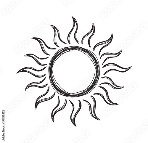 Hand-drawn sun icon with wavy rays in a simple black and white doodle style, featuring a sketchy, artistic, and minimalist design for a celestial or weather concept