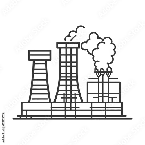 A stylized graphic illustration depicts an industrial factory with emissions