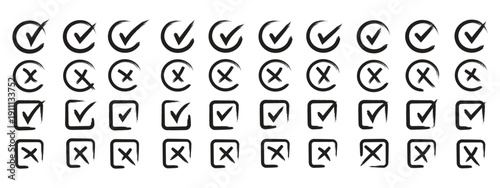 Check tick mark icon set. Cross box x check mark checkbox list vector draw hand drawn sketch doodle brush marker checklist symbol wrong right circle. hand drawn, grunge X sign. hand drawn tick