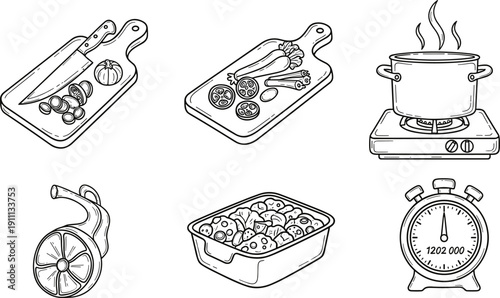 Cooking preparation illustration, vegetable cutting board sketch, boiling pot stove artwork, citrus juicer drawing, baking dish timer design, traditional kitchen food vector