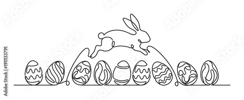 Minimalist black and white continuous line drawing showing a festive Easter bunny jumping over a long row of intricately decorated eggs in a simple, modern artistic style
