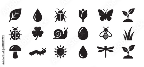 Diverse set of black nature icons representing spring, including insects like a bee and butterfly, plants like a leaf and sprout, and other garden elements