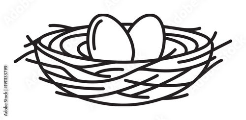 Black and white line drawing of a bird's nest holding two eggs, a minimalist icon representing new life, home, family, security, and investment