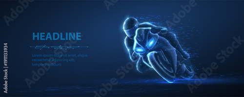 Digital motorcycle racer in motion. High-speed racing, futuristic technology, sports innovation, digital transformation, advanced vehicle technology, racing technology, speed, motion, sports business